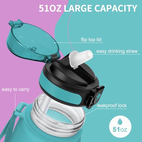 Grsta Borraccia 1,5 Litri, Borraccia Palestra Senza Bpa, Borraccia Sportiva Con Cannuccia & Indicatore Del Tempo Motivazionale, Per Studio Fitness, Scuola, Ufficio - Polvere Verde - 3