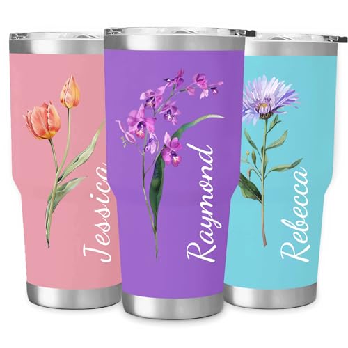 RYTOTHU Personalized Tumbler with Name & Birth Flowers - 30oz Personalized Coffee Tumbler with Lid, Stainless Custom Travel Tumbler Cup, Personalized Birthday Christmas Gifts for Women Mom