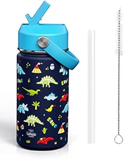 Lehoo Castle Kids Stainless Steel Water Bottle 400ml with Straw, Metal Insulated Water Bottles Double Wall Vacuum Leak Proof, 24 Hours Cold & 12 Hours Hot (Blue)