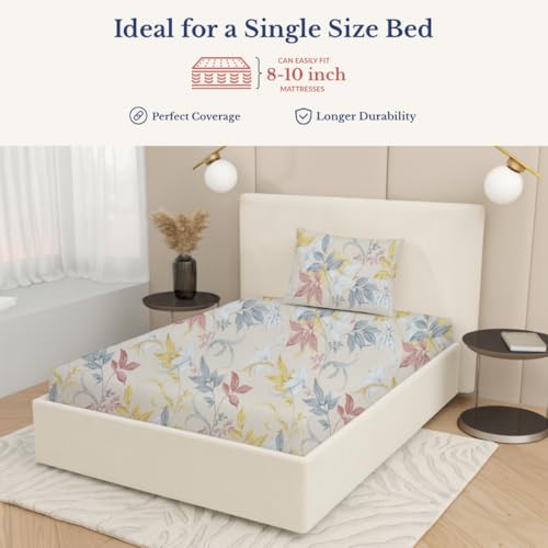Image of Jaipur Weaves Single Bed Cotton Bedsheet with 1 Pillow Cover, 100% Pure Cotton Single Bedsheet 60x90 Inches, 240 TC Soft Breathable Floral Bed Sheet - (Orange Floral, Single)
