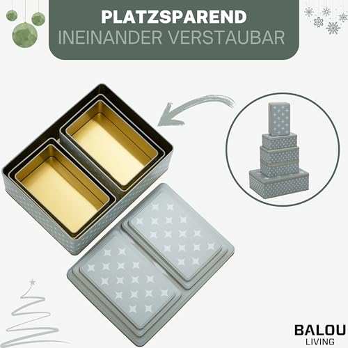 BALOU LIVING 5er Set Keksdose Weihnachten eckig - Weihnachtskeksdosen groß aus Metall - Weihnachtliche Plätzchendose Blechdose, Sterne grau/weiß