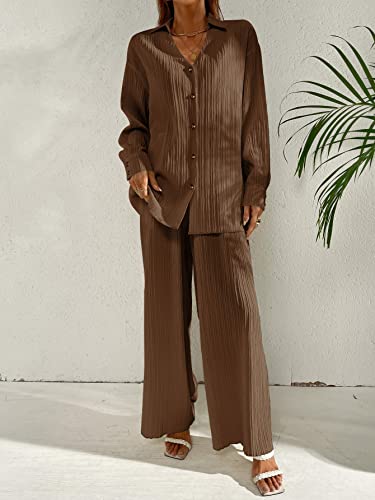 Floerns Women's 2 Piece Outfit Button Down Shirt Blouse Top And Wide Leg Pants Brown L #TOP5