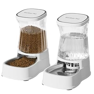 Automatic Pets Gravity Feeder and Water Dispenser Set, 1Gallon x 2 Stainless Steel Food Feeder and Waterer, 100% BPA-Free Water Bowl Dispenser for Small&Medium Dogs, Cats, Puppies(White)