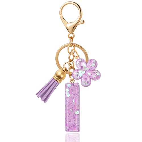 ANHBKAR Purple Flower Initial Keychain - Resin Letter I Bag Charm for Women, Girls (I-PURPLE)
