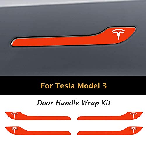 Image of IPG Compatible for Model 3 / Model Y /Juniper Door Handle Decal Sticker Wrap Kit (Set of 4) with Tesla Logo Personalize Your Tesla (Gloss Orange)