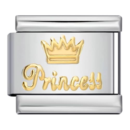 Image of Mon & Sons Evil Eye I Love You Heart Angel Princess Piglet Elephant Butterfly Birthday Silver 9mm Italian Link Compatible With Modular Bracelet (Gold Princess Crown)