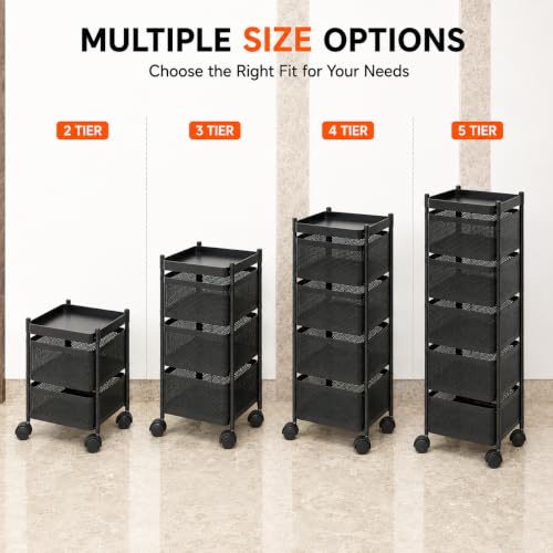 Image of Homeor 3 Layer Kitchen Trolley with Wheels | 360 Rotating Metal Storage Rack for Vegetables, Fruits, Onion & Spices | Square Multipurpose Kitchen Organizer Stand | Metal Kitchen Trolley, Matte Black