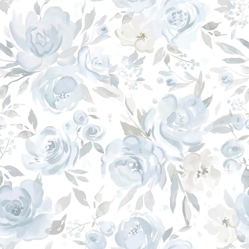Heroad Blue Floral Wallpaper Peel and Stick Wallpaper Flower Contact Paper Rose Removable Self-Adhesive Wall Paper for Cabinets Bedroom Bathroom Stick on Walls Papel Tapiz para Pared 17.3x78.7