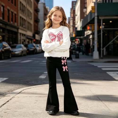 Image of Girls Clothes 2 Piece Cute Bow Print Sweatshirt & Flare Pants Fall Winter Outfits Set Size 7-14Y