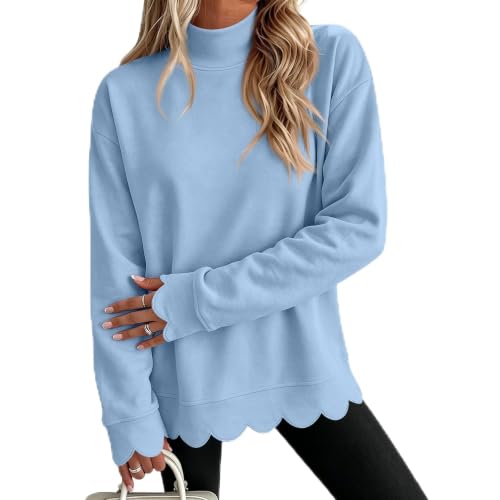 Jielayou Mock Neck Sweatshirt Women Cotton Scalloped Hem Trendy Sweat Shirt - image 1