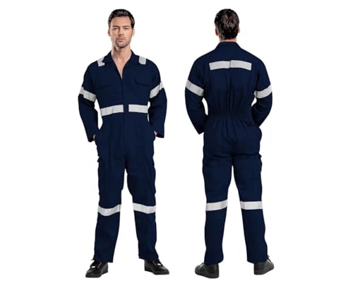 ProMaxFit Mens Long Sleeves Coverall Boiler Suit for Workshop Mechanics - Gray Color 9 Sizes - Overall Cotton Blend Jumpsuit for Painters gardeners Welders and builders. (BLUE REFLECTER 4XL)