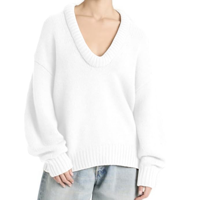 Image of MISSACTIVER Women's Low Cut U Neck Oversized Sweater Casual Solid Long Sleeve Drop Shoulder 2024 Winter Pullover Jumper Tops Beige