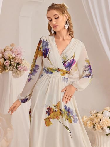 Image of TOLEEN Summer Casual Dresses for Women 2024 Spring Fashion Boho V Neck Long Sleeve Ruffle Floral Print Elegant Maxi Dress