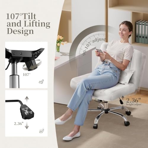 Image of Velvet Criss Cross Desk Chair with Wheels, Luxury Cross Legged Office Office, Swivel Wide Seat Vanity Chair, Armless Adjustable Height Gaming Chair Gift, Dusty (2, White)