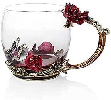 Kaffeetassen aus Glas mit Blumenmotiv, Emaille-Glastasse, Emaille-Teetasse aus Blumenmotiv, Kaffeetasse aus Glas, Kristallglas, 3D-Blumentassen, Teetasse mit Frauenmotiv, Kaffee, Tee, Saft, Bier, Milc