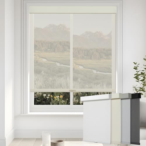 Persilux Free-Stop Cordless Solar Roller Shades Light Filtering Blinds for Windows (Beige, 36
