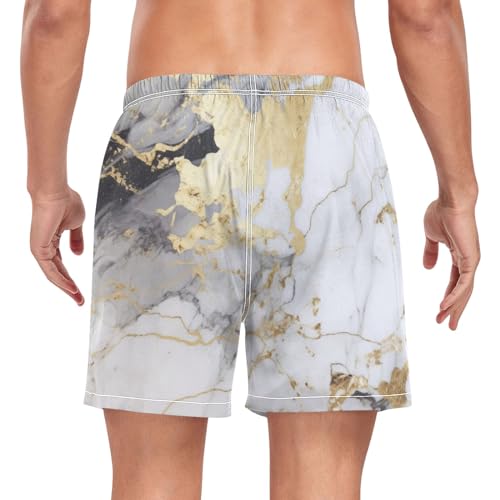 Mens Swim Trunks Quick Dry Swim Shorts with Pockets Liner Marble White Gold2