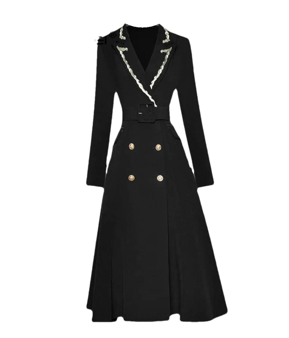 Women Embroidery Turn-Down Collar Long Sleeve Belted Double Breasted Trench Coat Spring Long Coats