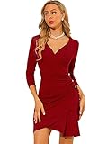 vestidos de fiesta cortos rojo y negro Cuello en V profundo, Faux Wrap, Fruncido en la parte delantera, Mangas 3/4, Vestido ajustado