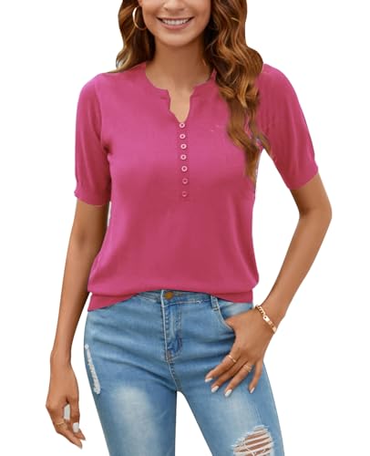 Image of Women Summer Knit Shirt Blouse V Neck Short Sleeve Pullover Sweater Tops