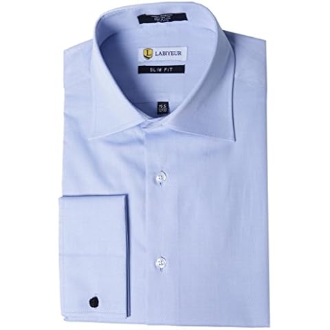 L Labiyeur Mens Slim Fit French Cuff Textured Dress Shirt, Blue, 15.5 | 32-33, Long Sleeve Cover
