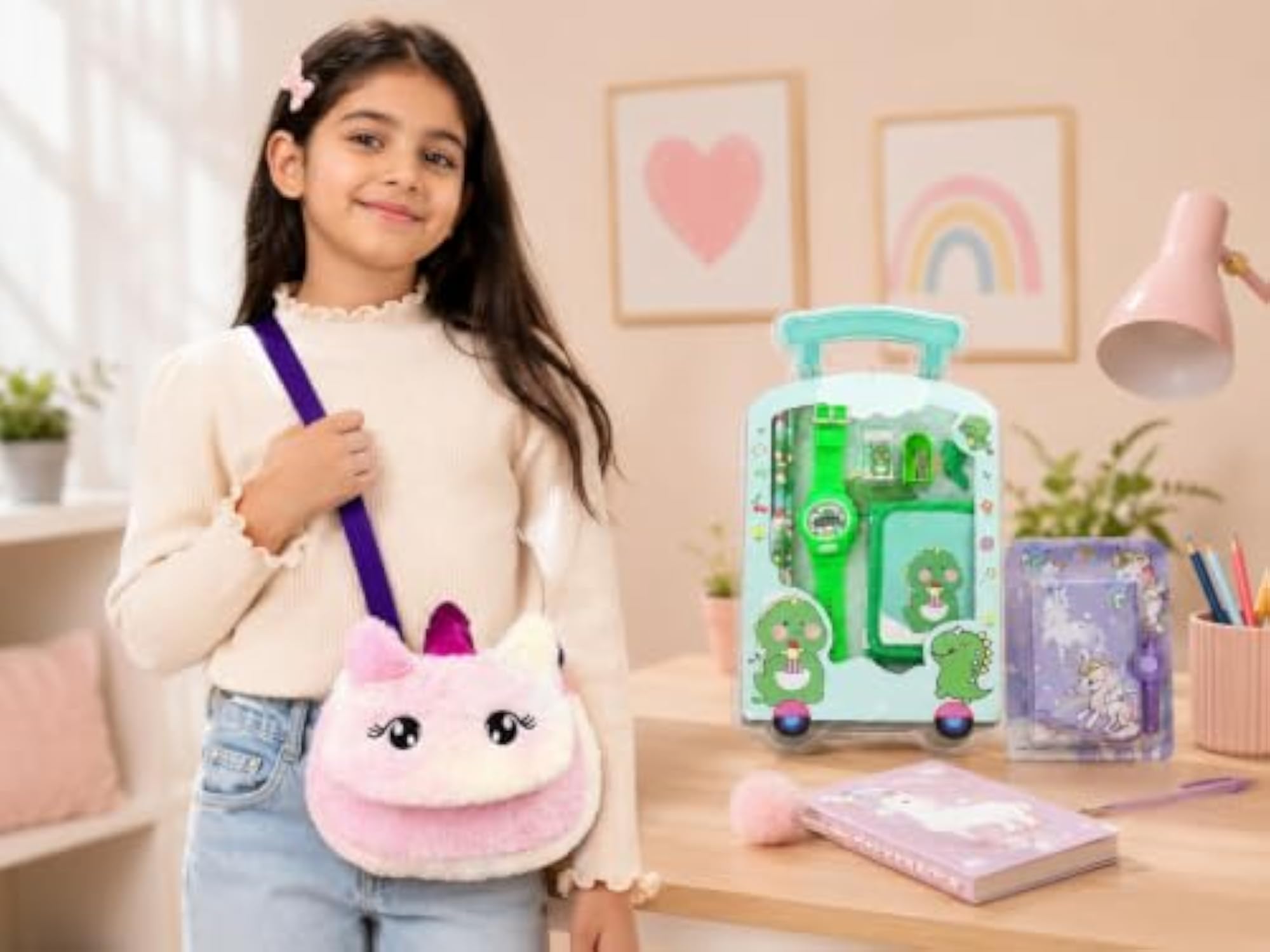 Rakhi Gift Combo for Girls, Plush Sling Bag & Stationery Set