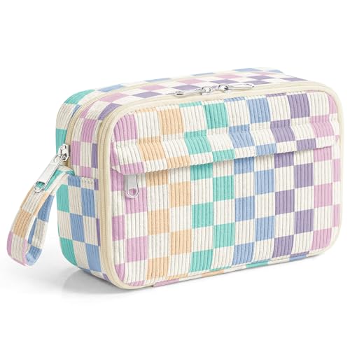 Image of WOBAGMEN Cute Pencil Case,Large Corduroy Zippered Pencil Case Pouch, aesthetic Pencil Bag with Compartments, Pencil Pouch School Supplies (Colorful checked)