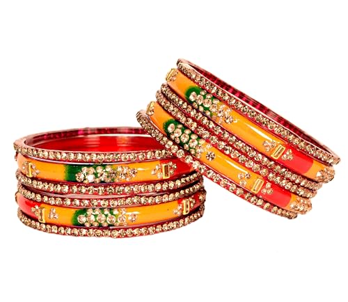 Image of Swara Creations Green Mehrun Red Glass Bangles Set for Women | Zirconwork Bangles | Glass bangles for festivals & occasions, Traditional glass bangles (SKU276)