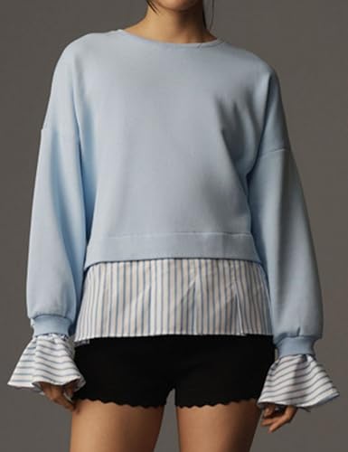 Striped Trim Twofer Sweatshirt For Women Crew Neck Long Sleeve Patchwork Pullover Sweater Outfits2