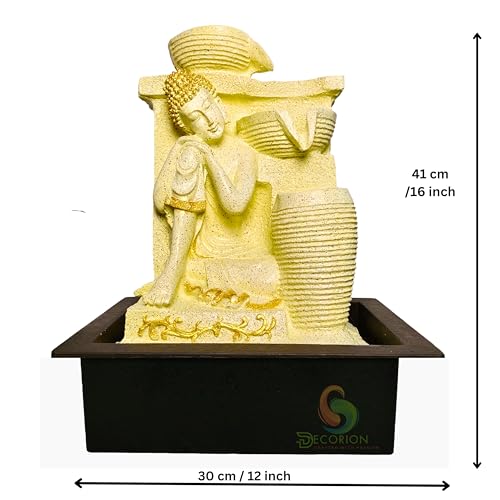 Image of Decorative Table Top Water Fountain for Home Decor /Office /Indoor & Outdoor /Garden /Puja Room /Vaastu with Multicolor LED Light and Adjustable Water Pump (Yellow-D-033)