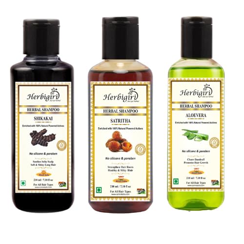 Image of Herbal Hair Regrowth Daily Pack Combo- Shikakai , Satreetha & Aloevera Shampoo | Pure Ayurvedic Herbal Formula for Anti Dandruff , Anti Fungal & Hair Growth Booster | PARABEN FREE ( Pack of 3 , 210 ml Each ) (630 ml)