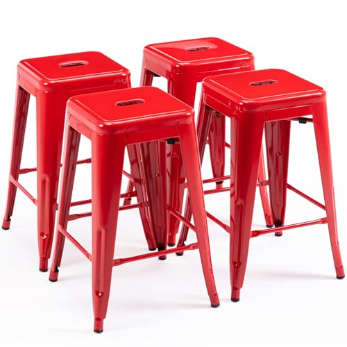 MFD LIVING 24 Inch Metal Bar Stools Set of 4 Counter Height Bar Chair Indoor Outdoor Backless Kitchen Stools (Red)