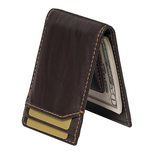 Image of House of Jack Co. Jack Men's Bifold Wallet with Money Clip, Holds 15+ Bills | Super Strong Magnetic Clip, 8 Card Holder, Full Grain Leather Front Pocket Wallet with Money Clip, Gift for Men, Brown