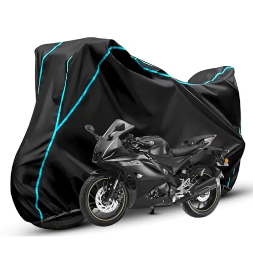 Image of Waterproof Bike Body Cover Compatible with Yamaha R15 Dustproof Scratchproof - Motorcycle Cover for Two Wheeler, Outdoor Full Cover with UV, Duty, Rain Protection (Black & Aqua) R1