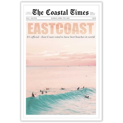 Bittiler Vintage Eastcoast Newspaper Surf Beachy Posters Orange And Blue Beach Canvas Wall Art Coastal Cowgirl Aesthetic Prints Painting For Home Bedroom Dorm Wall Decor 12x16in Unframed