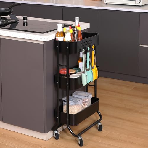 Image of MAX Houser Slim 3-Tier Rolling Utility Cart with Extra Hook, Black | Narrow Metal Bathroom Storage Multifunctional Organizer Carts with Wheels with Extra Hook, Laundry Room,Kitchen,Small Space