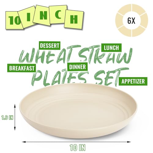 Image of 6PCS Wheat Straw Dishwasher & Microwavable Plates Plates, Beige | Lightweight Wheat Dinner Plates for Camping, RV Trips, Backyard BBQ - Beige