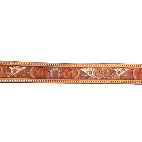 Needzo Painted Horse Decorative Leather Belt, Intricate Carved Floral Designs, Western Cowboy Apparel for Men and Women, Utility Tool Belts, Country Themed Wild West Gifts, Made in Mexico, Size 364
