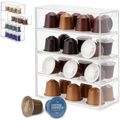 Tiroir de rangement pour capsules de café - Transparent - Boîte de rangement pour capsules Nespresso - 24,6 x 17,5 x 6,5 cm - En acrylique - Avec 4 tiroirs