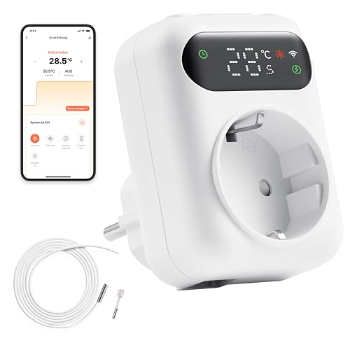 ezAIoT WLAN Steckdosen-Thermostat mit Zeitschaltuhr für Heizung und Kühlung - Digitaler Temperaturregler mit 3m Fühler für Gewächshäuser und Aquarien, 230V, LED Bildschirm