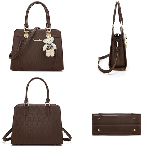 Image of Women's Fashion Handbag Tote Bag Shoulder Top Handle Satchel Purse Set 4pcs | Stylish Style,Chain Texture Design,Ample Space,Bear Doll Decoration,with a Crossbody Strap
