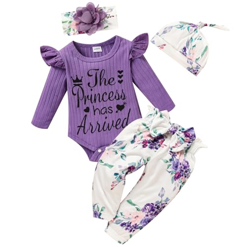 Image of TITKKOP Newborn Baby Girls Clothes Ruffle Long Sleeve Romper Floral Pnats+Headband+Hat 4pcs Baby Girl Outfits