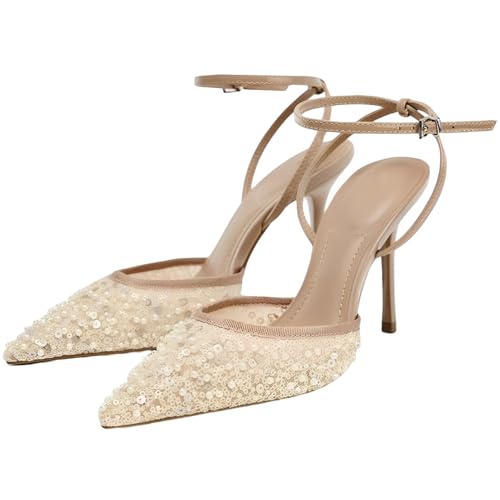 YIYA Women's Nude Sparkly Glitter Pearl Mesh Slingback Kitten Heels Closed Pointed Toe Strappy Ankle Strap Wedding Party Bridal Dress Pumps Shoes