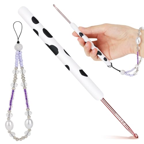 Image of Katech Ergonomic Crochet Hook, Aluminum Soft Grip Crochet Hooks for Beginners and Arthritic Hands, Soft Clay Crochet Needle with Cow Motif and Bead Chain-Ideal Gift for Crocheter (3.5mm)