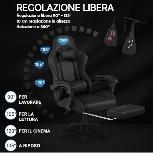 Sedia Poltrona Gaming Scrivana Ufficio Casa in Ecopelle Schienale Reclinabile Cuscino Lombare Poggiatesta Rotazione 360 Gradi Direzionale Altezza Regolabile 5 Ruote con Poggiapiedi (Black) - Sedia gaming - Immagine 6