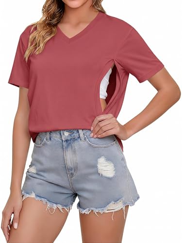 LUKYCILD Nursing Shirts for Breastfeeding Women Zipper Nursing Maternity Graphic Tee Mama Breast Feeding V Neck Tops Red