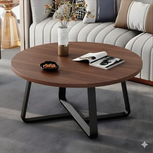 Image of Modern Round Coffee Table with Faux Marble Top and Gold Metal Frame - Contemporary Center Table for Living Room, Small Space Accent Cocktail Table for Apartment (Black & Walnut)
