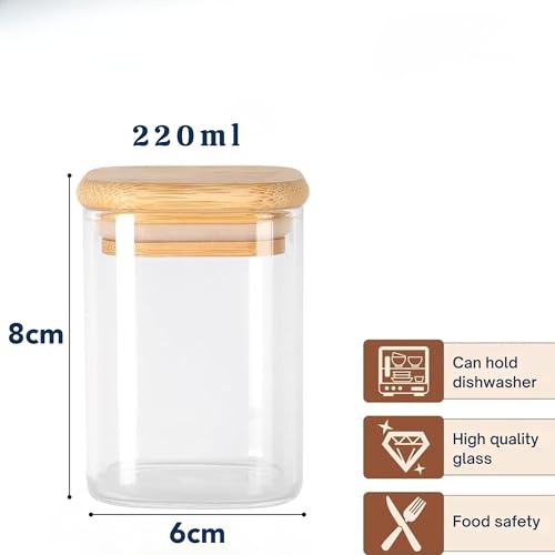 Image of Airtight Square Glass Storage Jar with Bamboo Lid 220ML Pack of 12 | Borosilicate Multipurpose Kitchen Container for Coffee, Tea, Sugar, Masala, Spices & Dry Fruits | Transparent Pantry Organizer