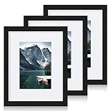 Hongkee 8x10 Black Picture Frames set of 3, Made of Wooden and Glass Photo frame - Displays Picture 5x7 with Mat or 8 x 10 without Mat, Desktop & Wall Collage Frame set