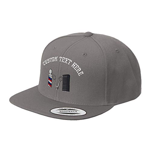 Custom Text Embroidered Barber Logo Unisex Adult Snaps Acrylic Structured Flat Visor Snapback Hat Cap - Dark Grey, One Size